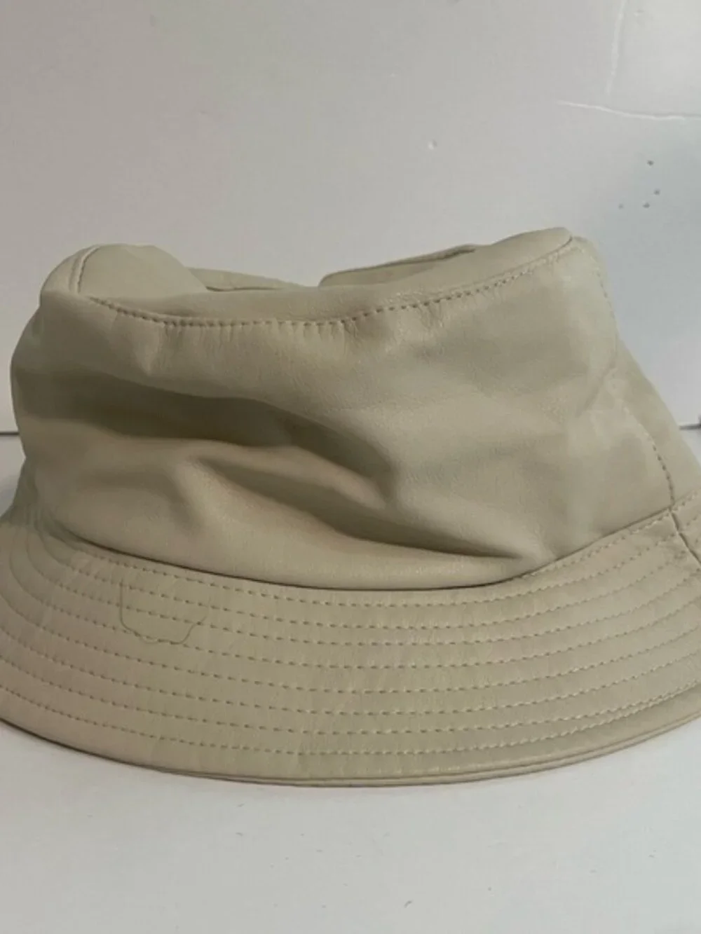 David and Young Beige Vegan Faux Leather Bucket  Hat